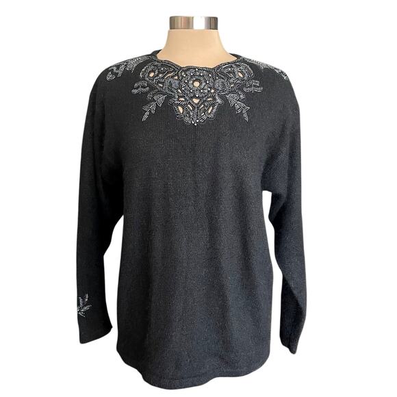 I.B. Diffusion VTG Silk Angora Lambswool Black Beaded Sweater Size L Glam Goth - Picture 1 of 10